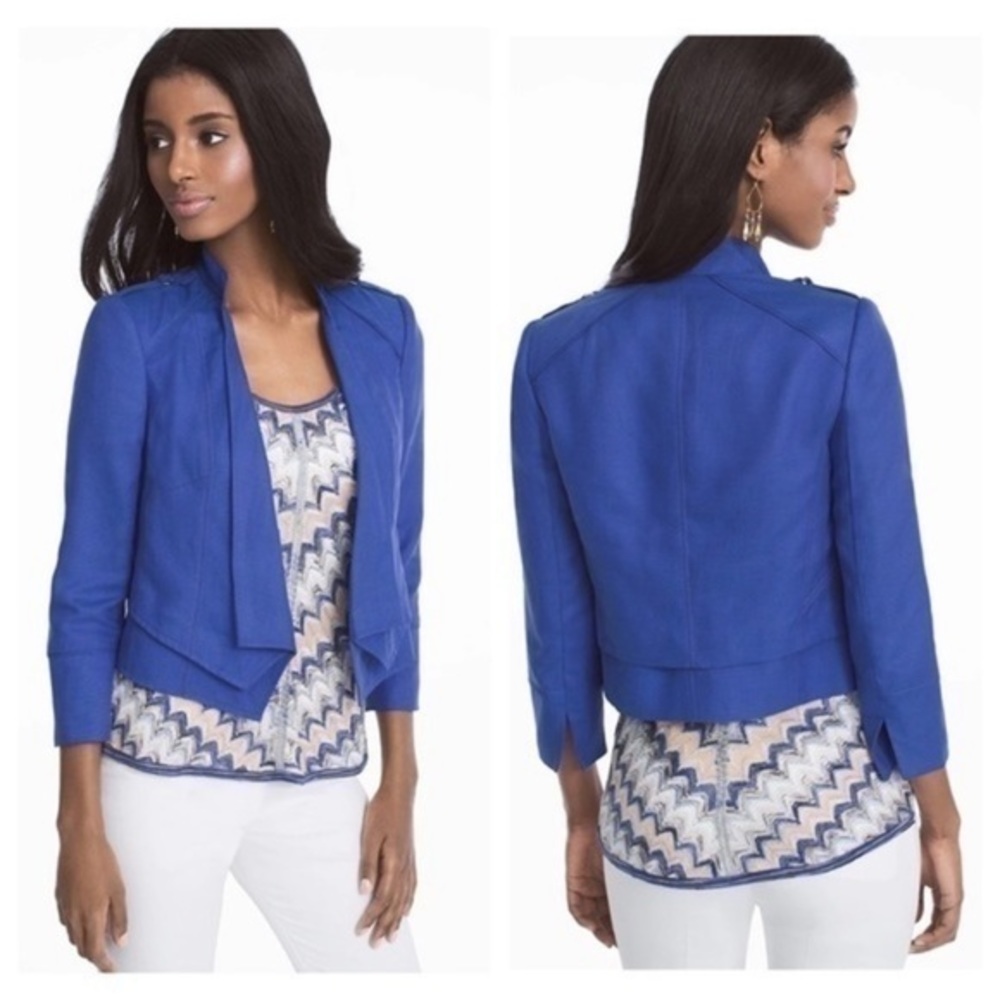 White House Black Market Ultra Marine Blue Open Bracelet Sleeve Linen Jacket 4
